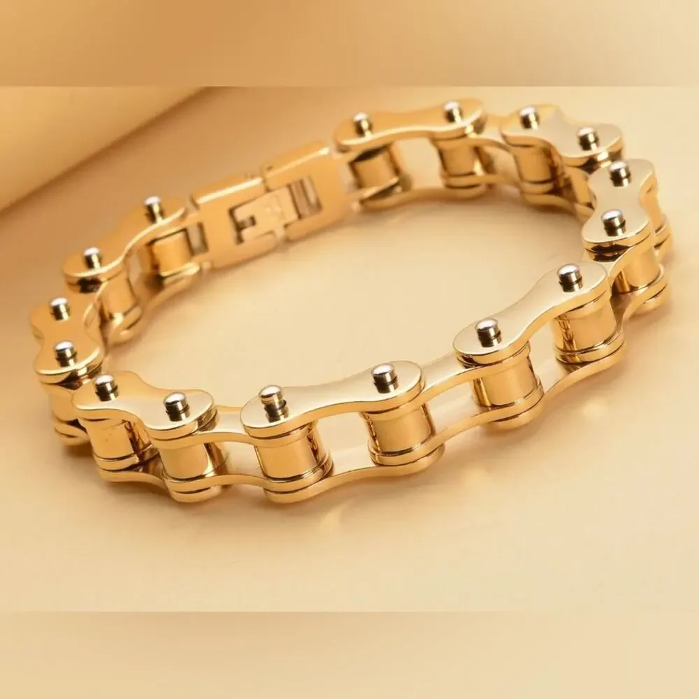 Bicycle Chain Style 10mm Men’s Bracelet in Plated Yellow Gold o/Stainless Steel